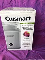 Cuisinart ice cream maker box front showing model ICE-30BCC, 2 quart capacity, fully automatic, BPA free, brushed metal finish.