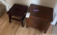 Side-by-side photo of wooden step stool and vintage shoeshine box on wood floor