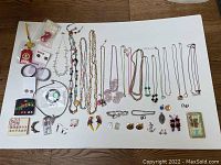 Lot overview showing all jewelry pieces including necklaces, bracelets, earrings, keychains and pins.