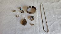 Full lot of sterling silver rings, bracelet, pendants and pin photographed on light fabric.