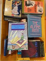 Top-down view showing books including The Storyteller at Fault, The Alpine Path, Angel Answer, and The Book of Jessica in a yellow container.