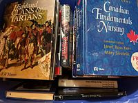 Close-up photo showing titles Highland Clans & Tartans and Canadian Fundamentals of Nursing among other books in a container