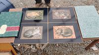 Four corkboard placemats with cat images laid out on a table