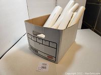 Box containing a collection of more than 10 posters, rolled and stored inside a cardboard box.