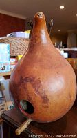Natural gourd birdhouse with rounded body, entrance hole, wooden perch, and metal hanging hooks placed on a surface indoors.