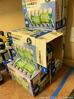 Multiple boxes of Sylvania Double Life incandescent light bulbs in 6-packs