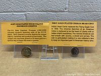 Photo showing front and back of the Indian Head Cent and California Statehood Quarter with detailed informational inserts about each coin.