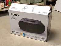 Full front view of the Sony CFD-S70 boombox box with product image and features shown.