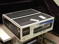 Box of Sony 5-disc compact disc player CDP-CE500, showing packaging with Sony branding and model.