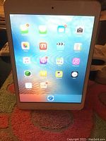 Front view of iPad Mini powered on showing app icons on the home screen, no visible cracks from this angle.