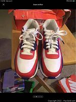 Front view of Nike Airmax 90 shoes showing the red, white, and blue color combination and lacing.