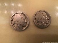 Obverse side of two Buffalo nickels showing Native American profiles, worn condition.