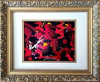 Frontal view of framed abstract painting with gold ornamental frame and white mat
