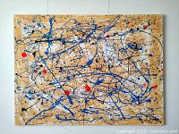 Front view of entire painting showing beige background with blue, white, black and red splatter.