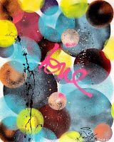 Close-up of full canvas front showing multicolored circles and central pink graffiti