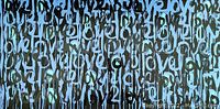 Close-up of artwork surface showing layered spelling of 'LOVE' in blue and black