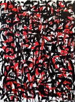 Front view of original street art painting showing abstract black and red calligraphic strokes over white background.