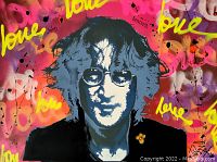 Close-up of full canvas front showing stylized John Lennon portrait against vibrant graffiti background with “love” tags