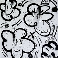 Front view of the original street art painting on square white canvas showing four black smiley face cloud shapes with spray paint splatters and artist signature.