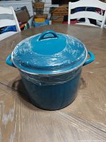 Overall view of teal blue Rachel Ray covered stockpot with embossed vegetable design on lid, showing size and shape.