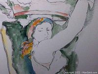 Close-up of watercolour painting by Berenice Russo showing fluid lines and muted colors.