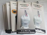 Photo showing 8 new golf gloves in original packaging, featuring Nice Shot brand and some Black Sheep brand gloves in various sizes and colors.