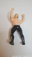 Front view of the Diamond Dallas Page action figure, showing bare chest, flexed arms, black pants with lace design, blonde hair and beard.