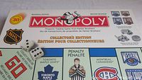 Box of NHL Monopoly Collector Edition, showing dice on top, bilingual text, NHL team logos including Toronto Maple Leafs and Montreal Canadiens, and game details.