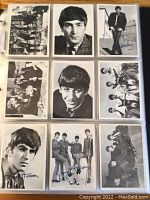 Page of nine black-and-white Beatles promotional cards showing individual and group shots with printed signatures