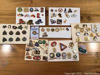 Overview showing multiple cards with various pins arranged including vehicles, flags, badges, and miscellaneous designs.