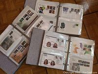 Open view of two binders showing stamps in plastic sleeves including commemorative envelope stamps and bird themed stamps.