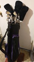 Full view of golf bag with multiple golf clubs with headcovers inside