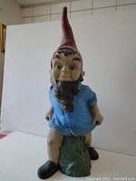 Front and side view of garden gnome ornament showing details such as red pointed hat, blue shirt, black shoes, bushy beard, and facial expression.