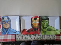 Front view of the three Marvel plates featuring Captain America, Iron Man, and Hulk placed side by side to show character prints.