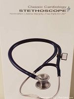 Close up of box lid showing Classic Cardiology Stethoscope branding and image of stethoscope
