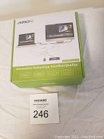 Original green and white box of Aimos HDMI KVM Switch showing connection diagram with laptop and desktop