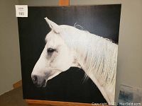 Full view of the square decorative horse print on a black background showing the horse's profile facing left.
