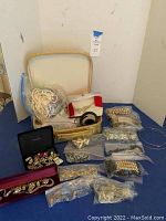 Full overview of the assorted costume jewelry including necklaces, bracelets and earrings, some in cases or bags
