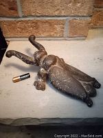 Full view of the cast iron beetle-shaped boot jack sitting on a stone surface with a battery for scale.