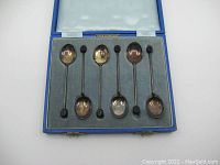 Open blue case showing six sterling silver coffee bean spoons arranged in grey velvet lining with black mounts holding them in place.