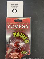 Front view of sealed Yomega Raider high performance bearing yo-yo packaging showing red yo-yo and branding