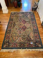 Full top view of the colorful Oriental MeyMeh Indian rug with detailed patterns lying on a wood floor, showing fringe edges.
