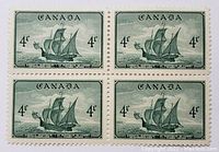 Block of four vintage 1949 Canada Newfoundland stamps depicting Matthew Cabot's ship with denomination 4 cents.