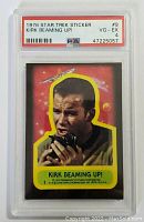 Front view of 1976 Star Trek Kirk Beaming Up trading card in graded PSA slab with grade VG-EX 4 visible