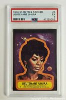 Front of 1976 Star Trek trading sticker card #6 featuring Lieutenant Uhura graded EX 5 by PSA showing orange outline and purple starry background.