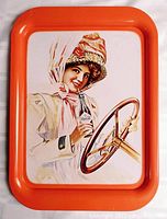 Photo showing entire metal tray with woman in vintage clothing holding a Coca-Cola bottle and orange border
