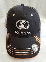 Front view of the black Kubota baseball cap showing the embroidered white Kubota 'K' logo and brand name, with orange and white stitching on the brim.