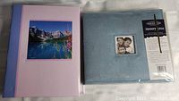Both photo albums side by side: pink and blue hardcover album with mountain lake photo and blue GINSEA Memory Album with front photo of two children.