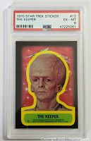Front view of the graded 1976 Star Trek The Keeper sticker trading card with PSA grading label.