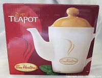 Box of Tim Hortons 2 cup tea pot showing front packaging with branding and product image.
